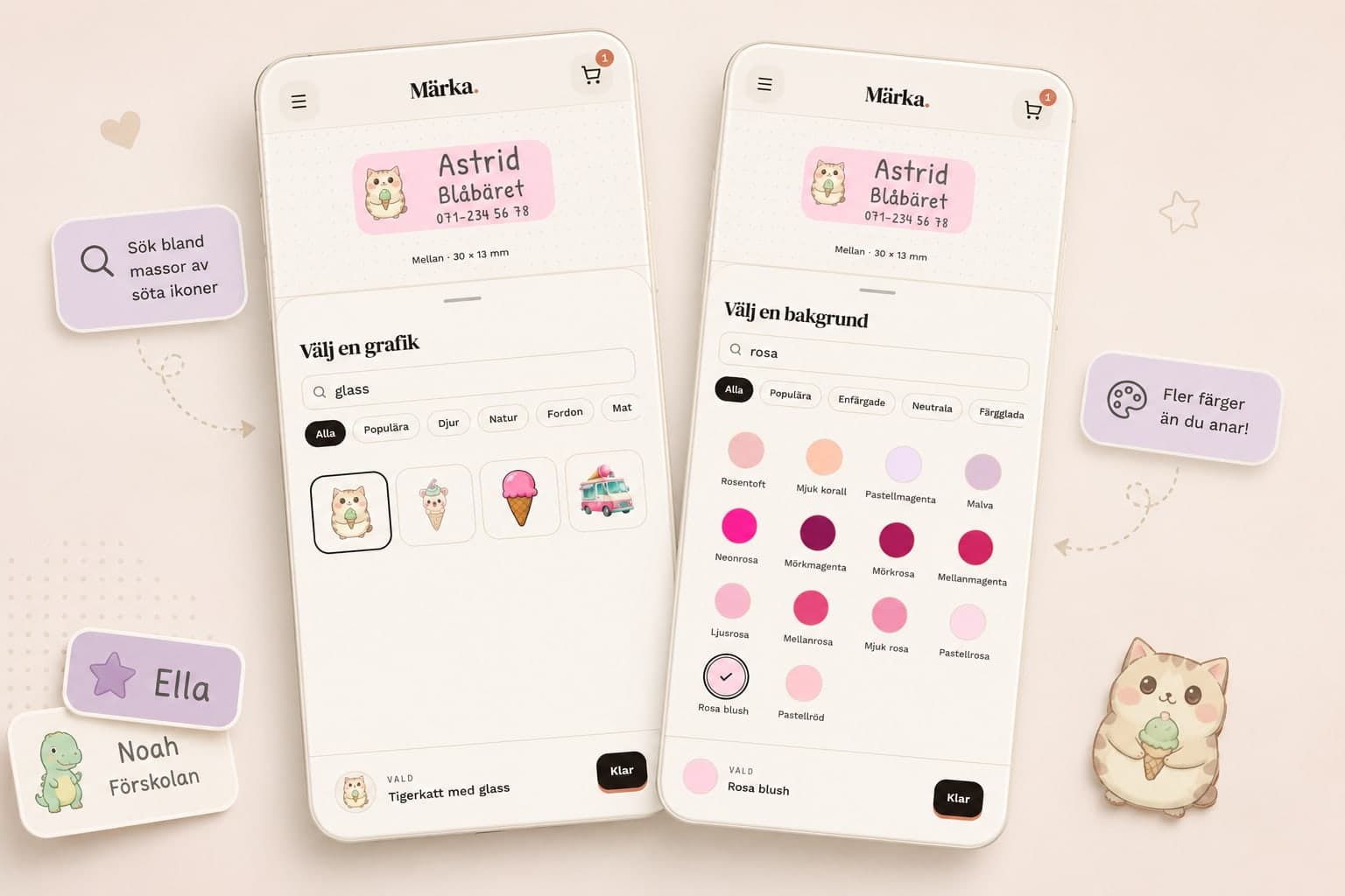 Två mobilskärmar ur Märkas konfigurator: en sökning på ordet glass som visar glassmotiv, och en sökning på rosa som visar namngivna rosa bakgrundsfärger.
